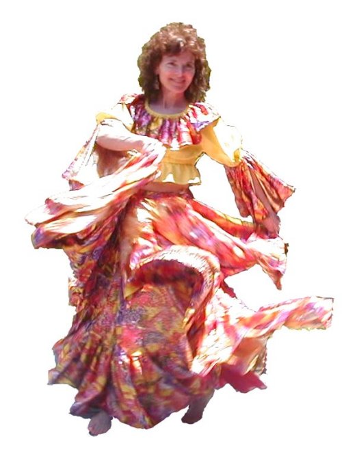 Chelydra in an orange beledi dress with gold coins.